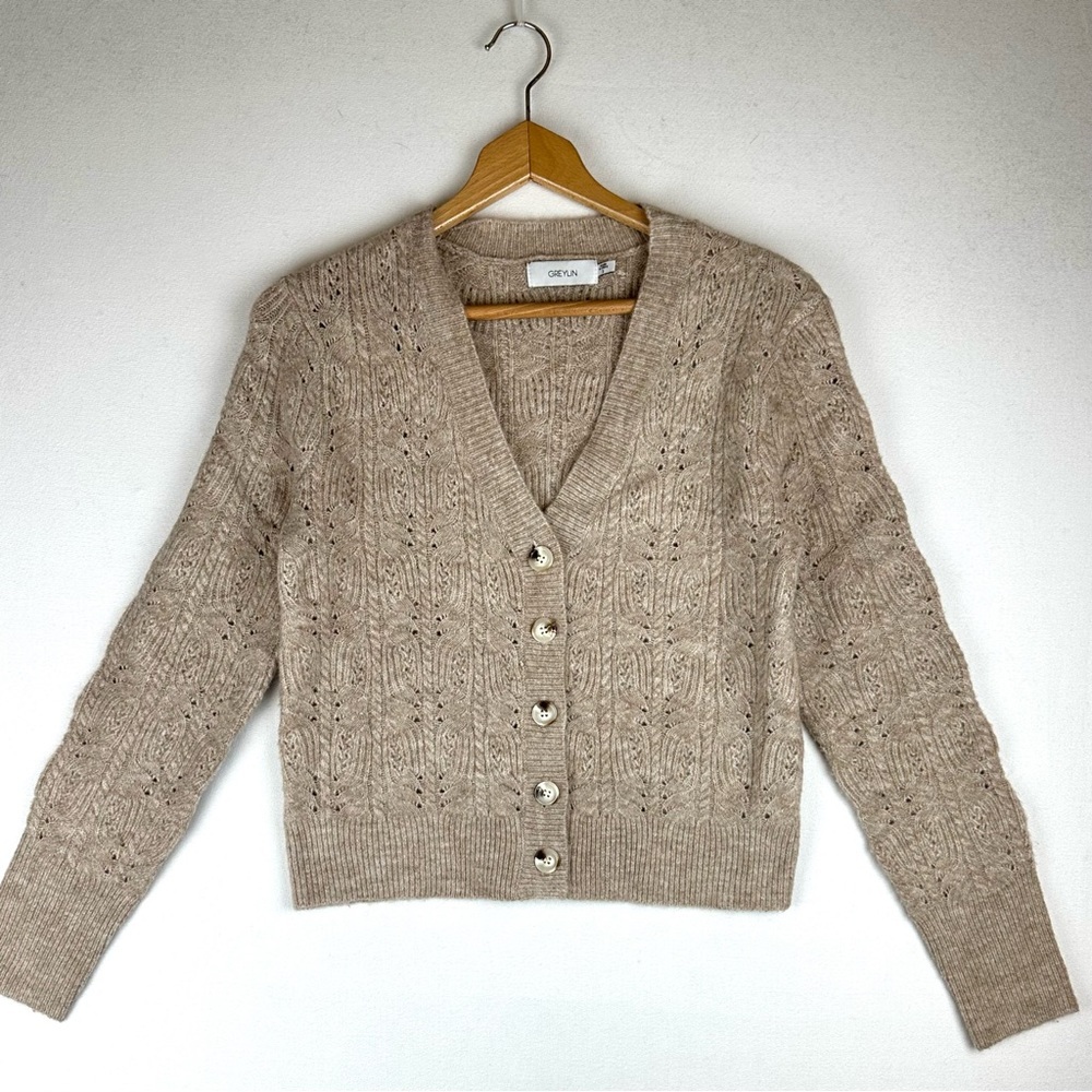 Greylin Button Down V-Neck Cable Knit Cardigan Sweater Classic Office Preppy